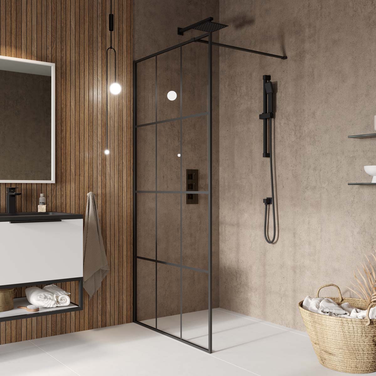 I8 Black Wetroom Screen 800x1950mm Grid Glass