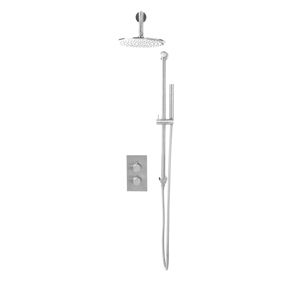 Core Chrome Twin Round handle, 2 outlet concealed valve with diverter inc Shower arm, Drench head and Handset riser kit