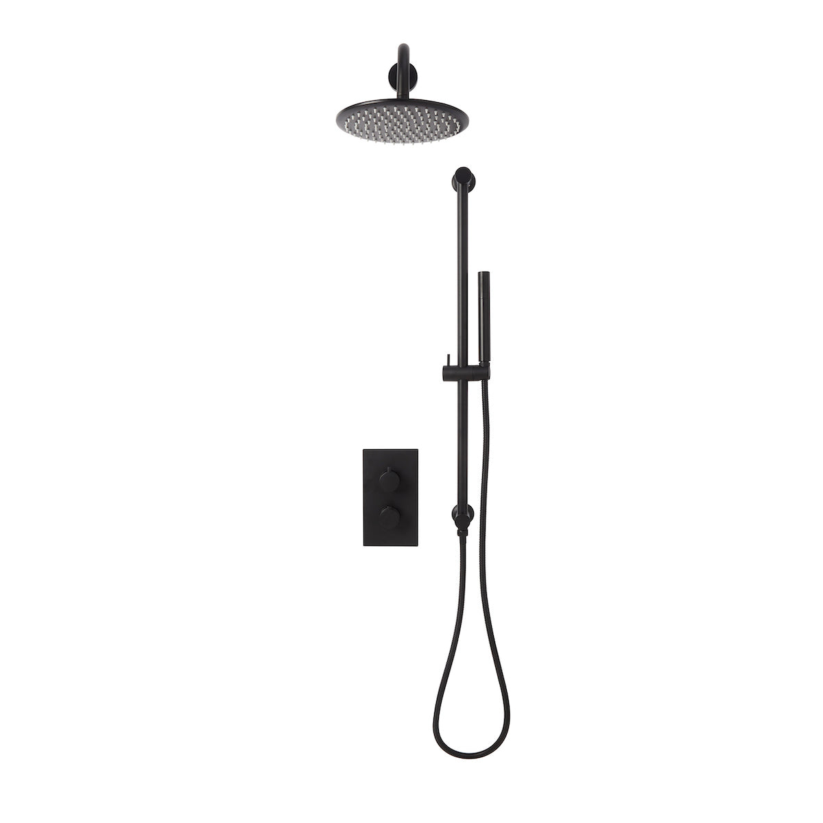 Core Black Twin Round handle, 2 outlet concealed valve with diverter inc Shower arm, Drench head and Handset riser kit