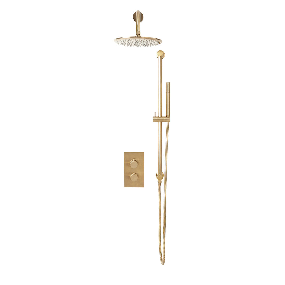 Core Brushed Brass Twin Round handle, 2 outlet concealed valve with diverter inc Shower arm, Drench head and Handset riser ki