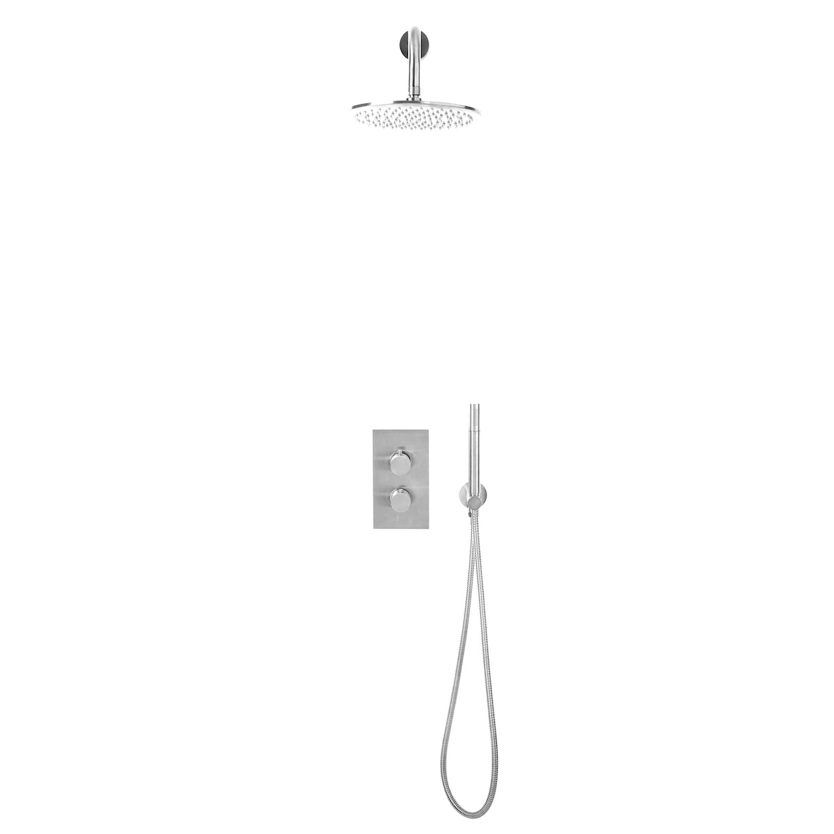 Core Chrome Twin Round handle, 2 outlet concealed valve with diverter. Inc Shower arm, Drench head, Handset & mounting bracke