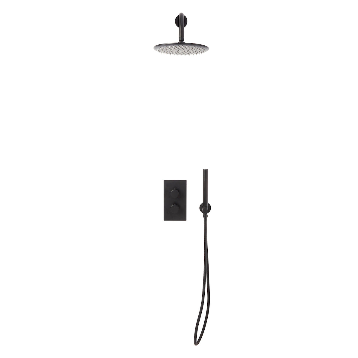 Core Black Twin Round handle, 2 outlet concealed valve with diverter. Inc Shower arm, Drench head, Handset & mounting bracket