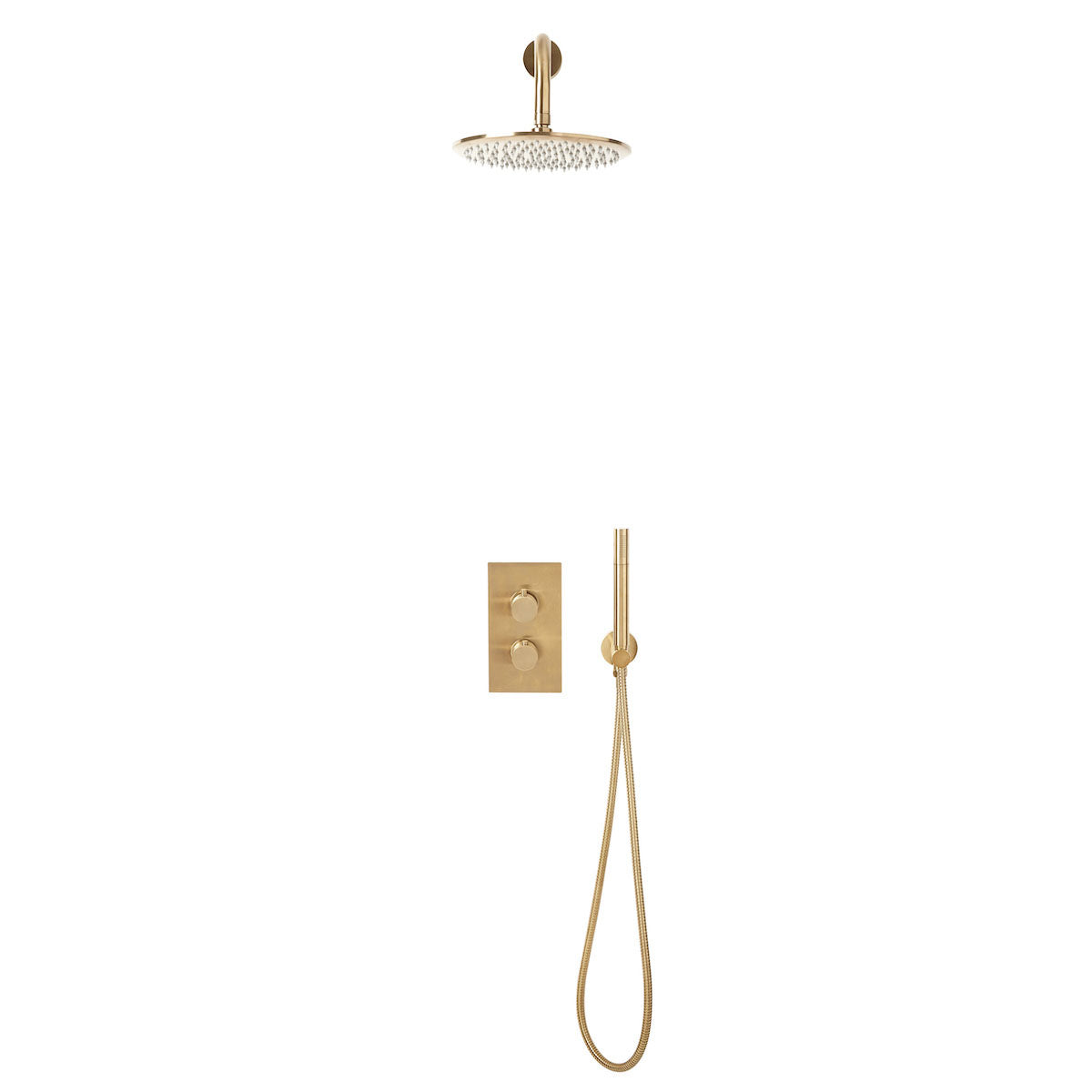 Core Brushed Brass Twin Round handle, 2 outlet concealed valve with diverter. Inc Shower arm, Drench head, Handset & mounting