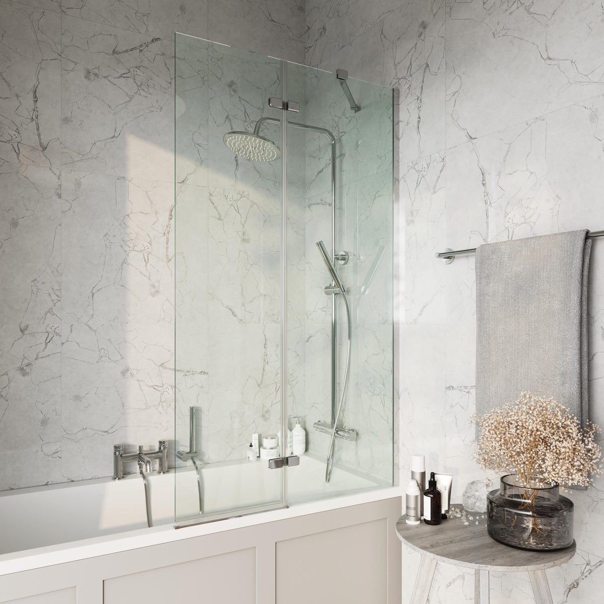 Chrome Square 900mm Bathscreen inc Fixed Panel