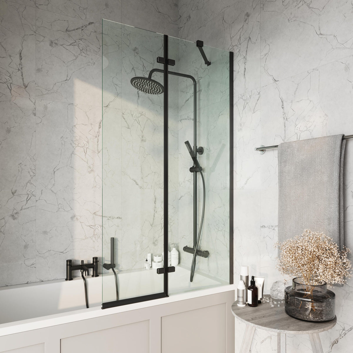 Black Square 900mm Bathscreen inc Fixed Panel